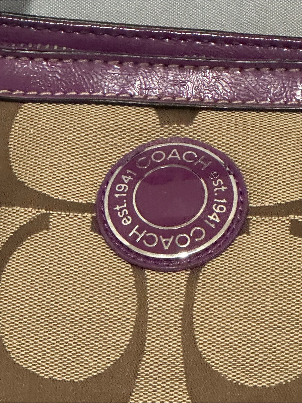 Coach Signature Stripe SIS Tote Khaki and Purple F19046 Matching Wallet - Picture 3 of 10